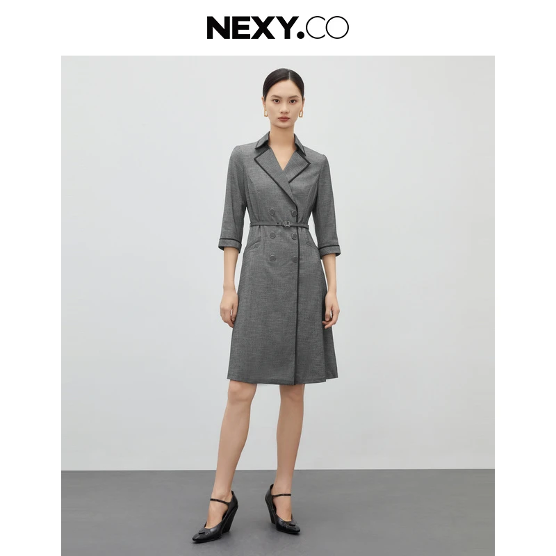 NEXY.CO/奈蔻25年春夏款气质连衣裙修身通勤双排扣女士XF04604W0