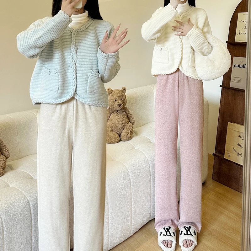 升级款加绒仿羊绒窄版阔腿裤舒适宽松直筒高腰拖地休闲女加绒显瘦
