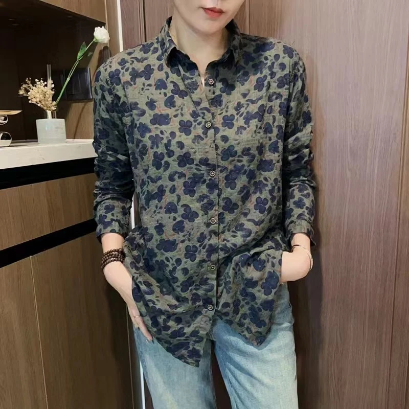 全棉碎花衬衣2024春秋新款宽松衬衫显瘦棉麻印花长袖外穿衬衣复古