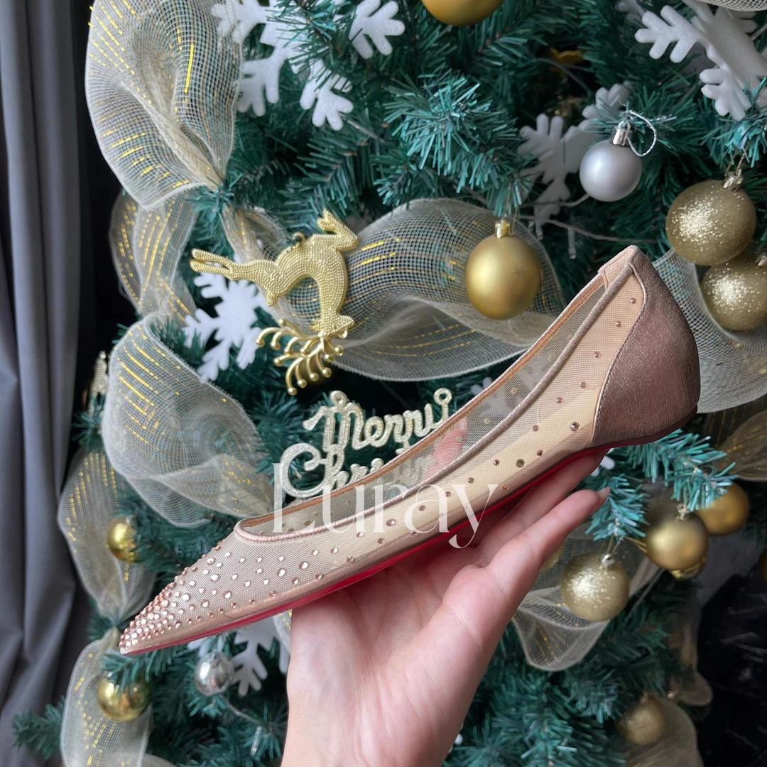 天鹅湖仙女鞋 24早春新款网纱水钻凉鞋女士尖头内增高平底鞋