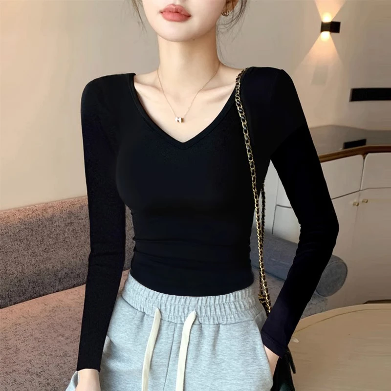 黑色V领打底衫女春秋内搭长袖t恤低u领高腰紧身露脐锁骨短款上衣