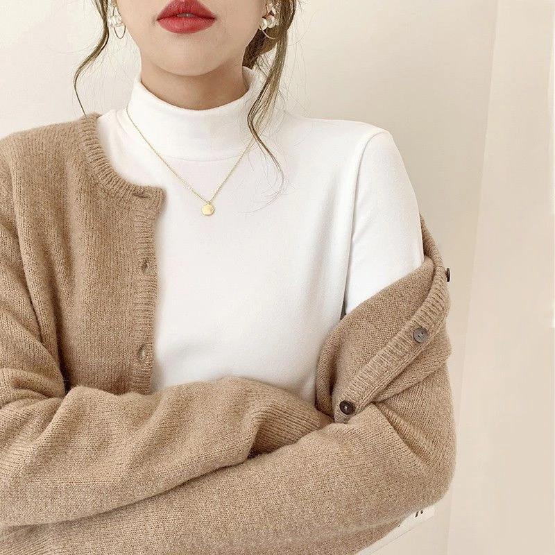 半高领德绒长袖打底衫女春秋冬新款洋气修身显瘦内搭中领上衣t恤