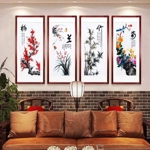 苏绣成品挂画真丝梅兰竹菊四条屏客厅装饰画苏州纯手工刺绣新中式