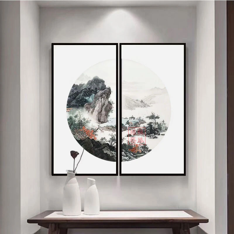 苏绣成品挂画半圆形双拼新中式客厅玄关装饰画真丝苏州纯手工刺绣