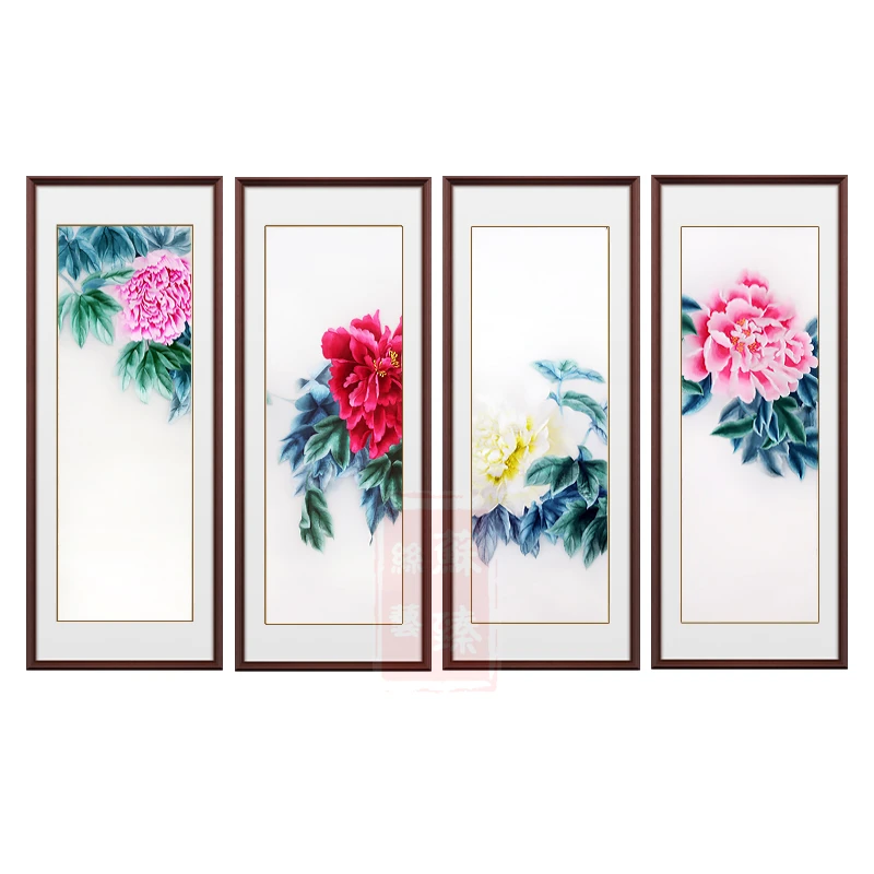 苏绣成品挂画四条屏山水客厅中式纯手工刺绣花鸟背景墙装饰壁画