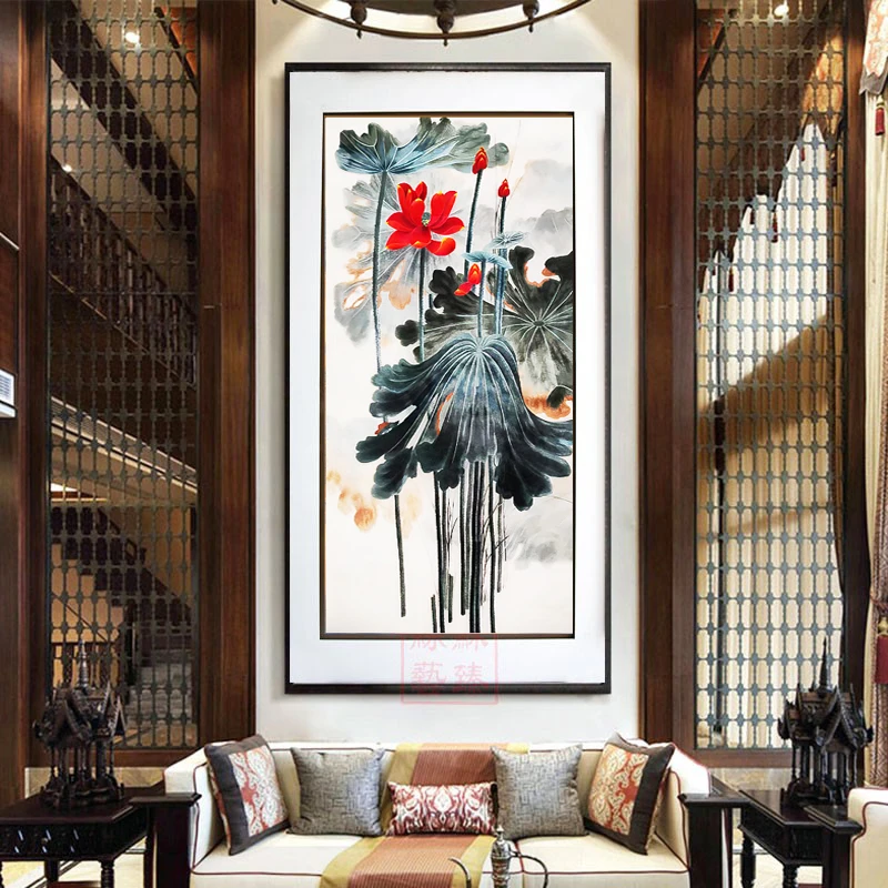 苏绣成品挂画玄关张大千荷花纯手工苏州刺绣玄关中式竖幅装饰画