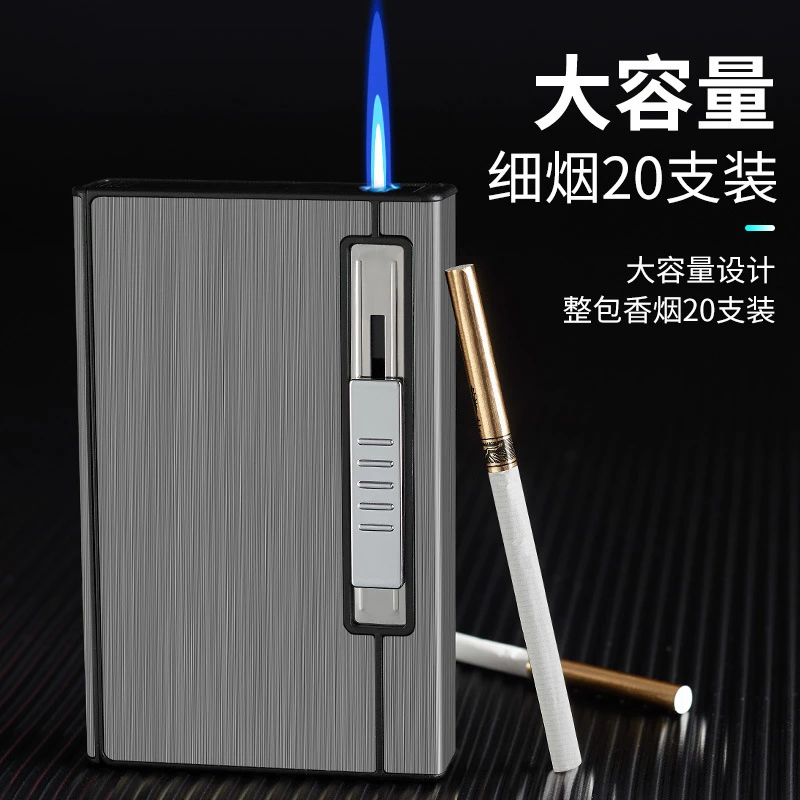 网红自动弹烟细支烟盒20支装便携烟盒充气防风直冲打火机一体刻字