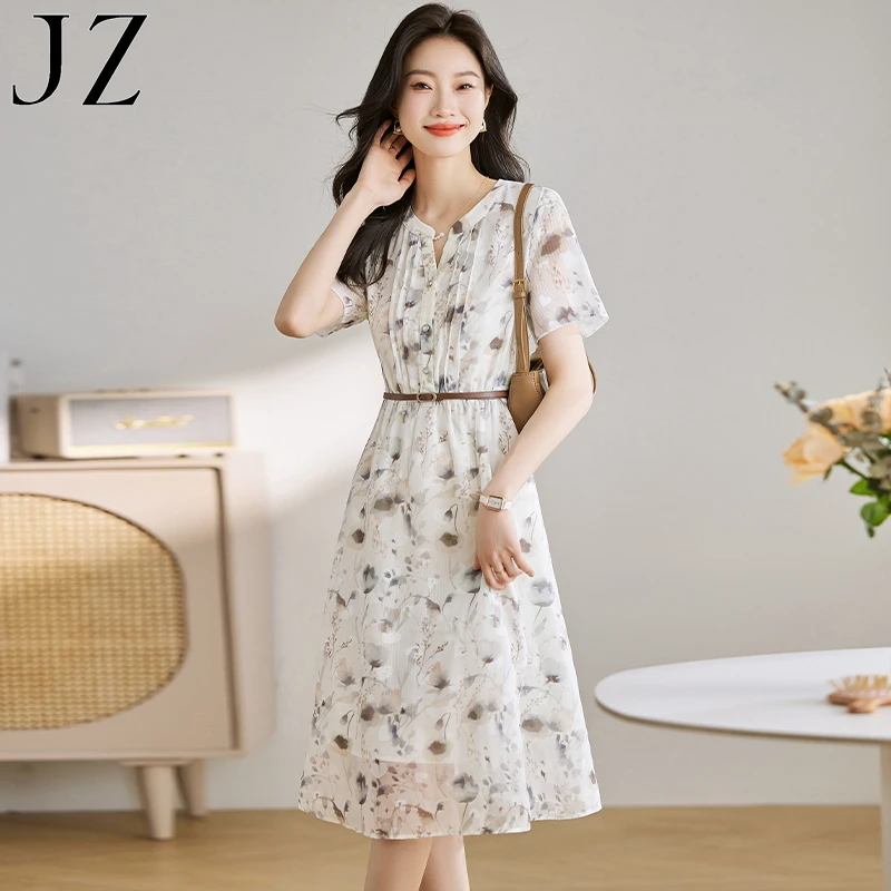 JZ桑蚕丝女装连衣裙夏季时尚新款中长款减龄收腰气质修身真丝裙女