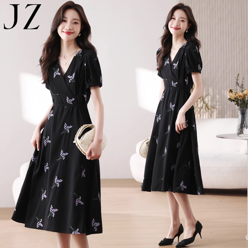 JZ女装连衣裙桑蚕丝夏季气质时尚修身中长款过膝黑色洋气连衣裙女