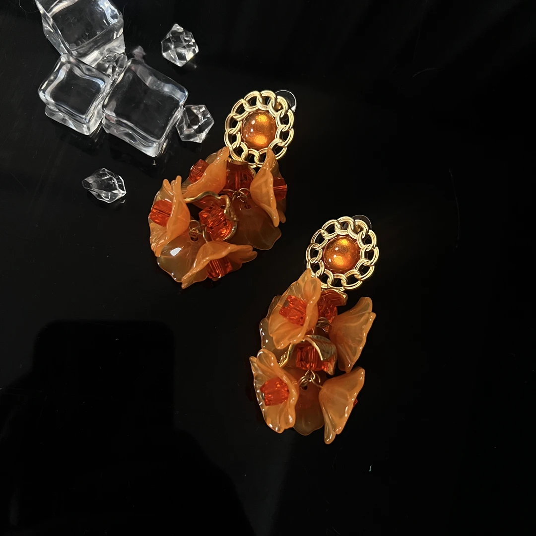 铜合金耳饰 橙色花中古宫廷风百搭时尚耳饰耳环