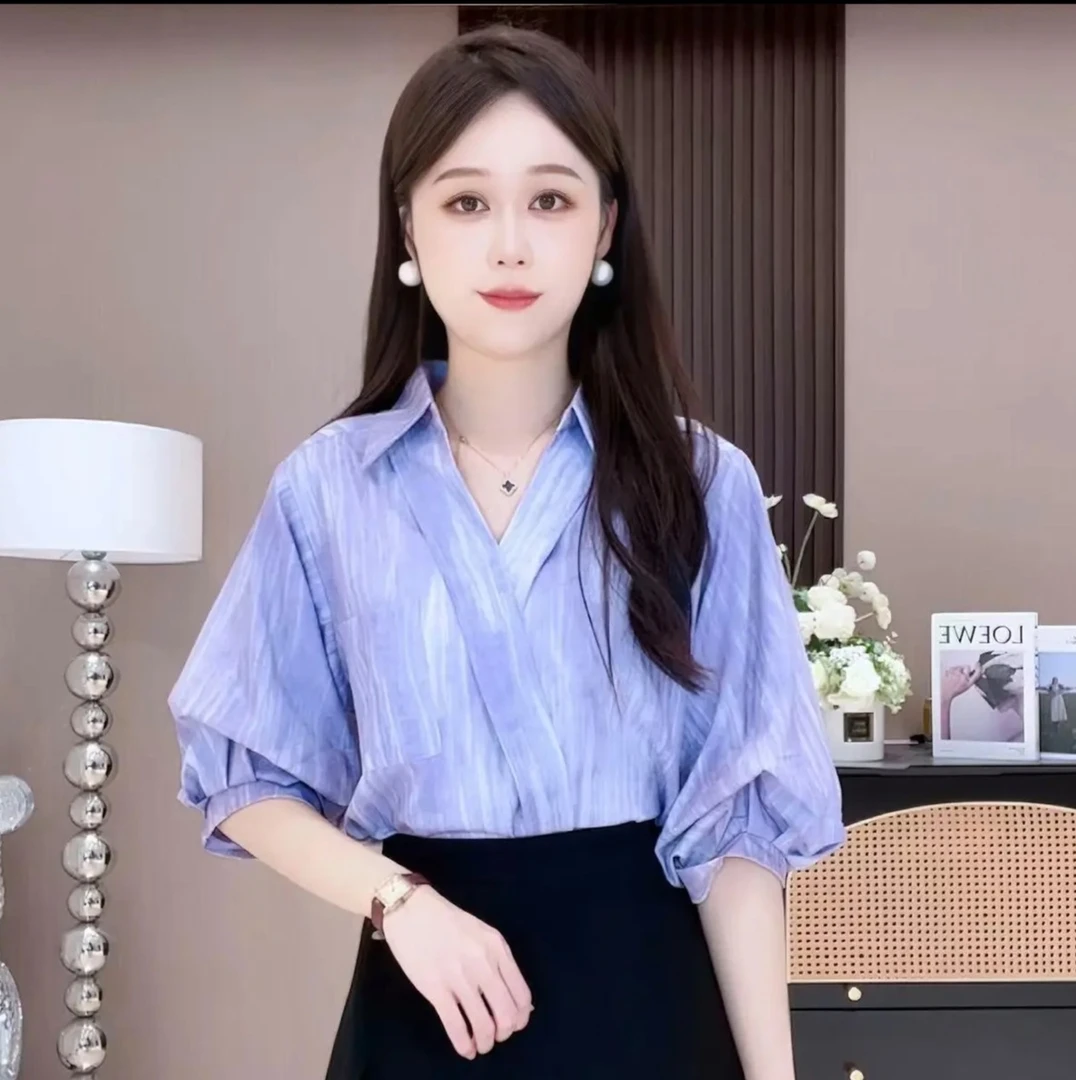 港风复古紫色韩版短袖衬衫女宽松气质百搭女内搭