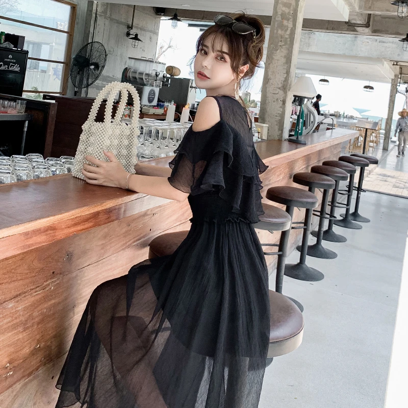 复古法式黑色连衣裙女2025夏露肩雪纺长裙仙女超仙森系裙子小黑裙