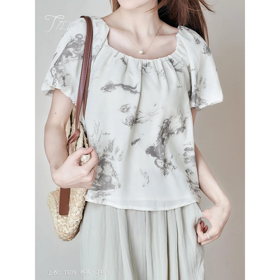 1806柒量一裁小个子水墨画方领气质短袖上衣女夏套头小衫
