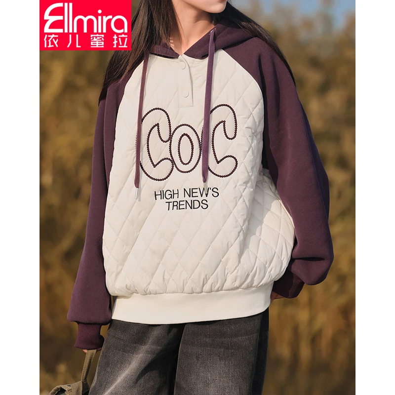 7959加绒加厚卫衣宽松上衣休闲2023新款拼接连帽洋气潮冬季