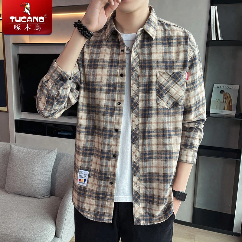 啄木鸟秋季格子衬衫男款爆款2025新款休闲长袖男士百搭翻领上衣服