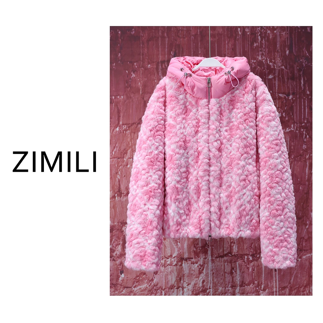 【亮哥女装】冬季减龄感设计款 粉色加厚混染连帽毛毛衣外套5525