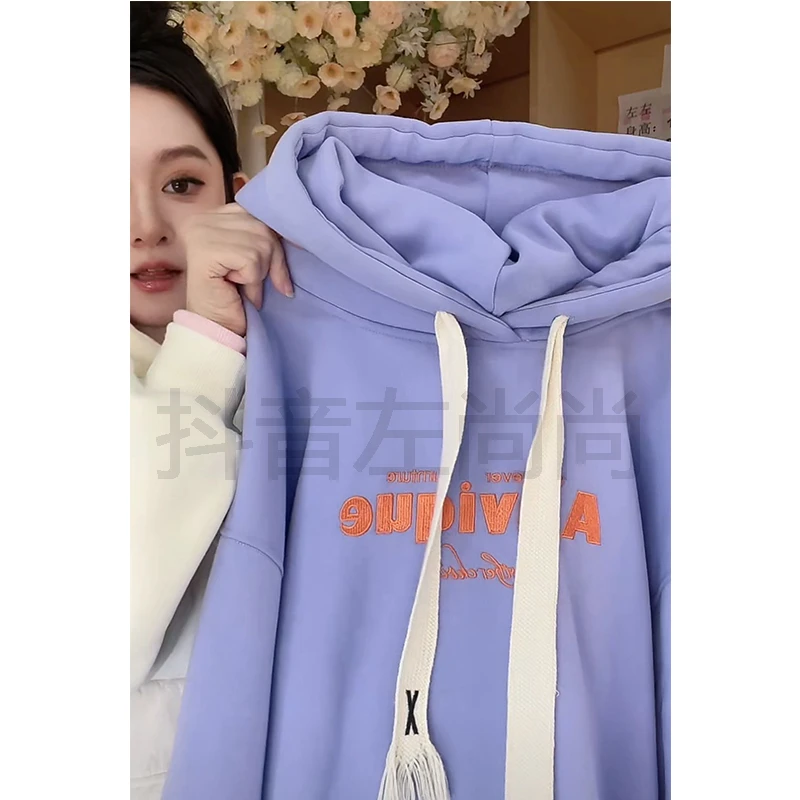 【8681-紫萱】2025冬季新款卫衣加绒加厚保暖套头连帽字母上衣女BJR