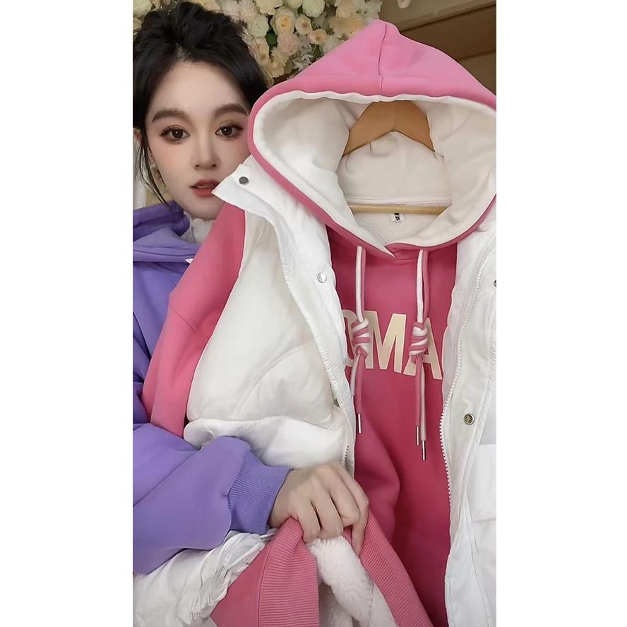 【8603-桃红李白】2025冬季新款加绒加厚卫衣减龄宽松连帽上衣BJR
