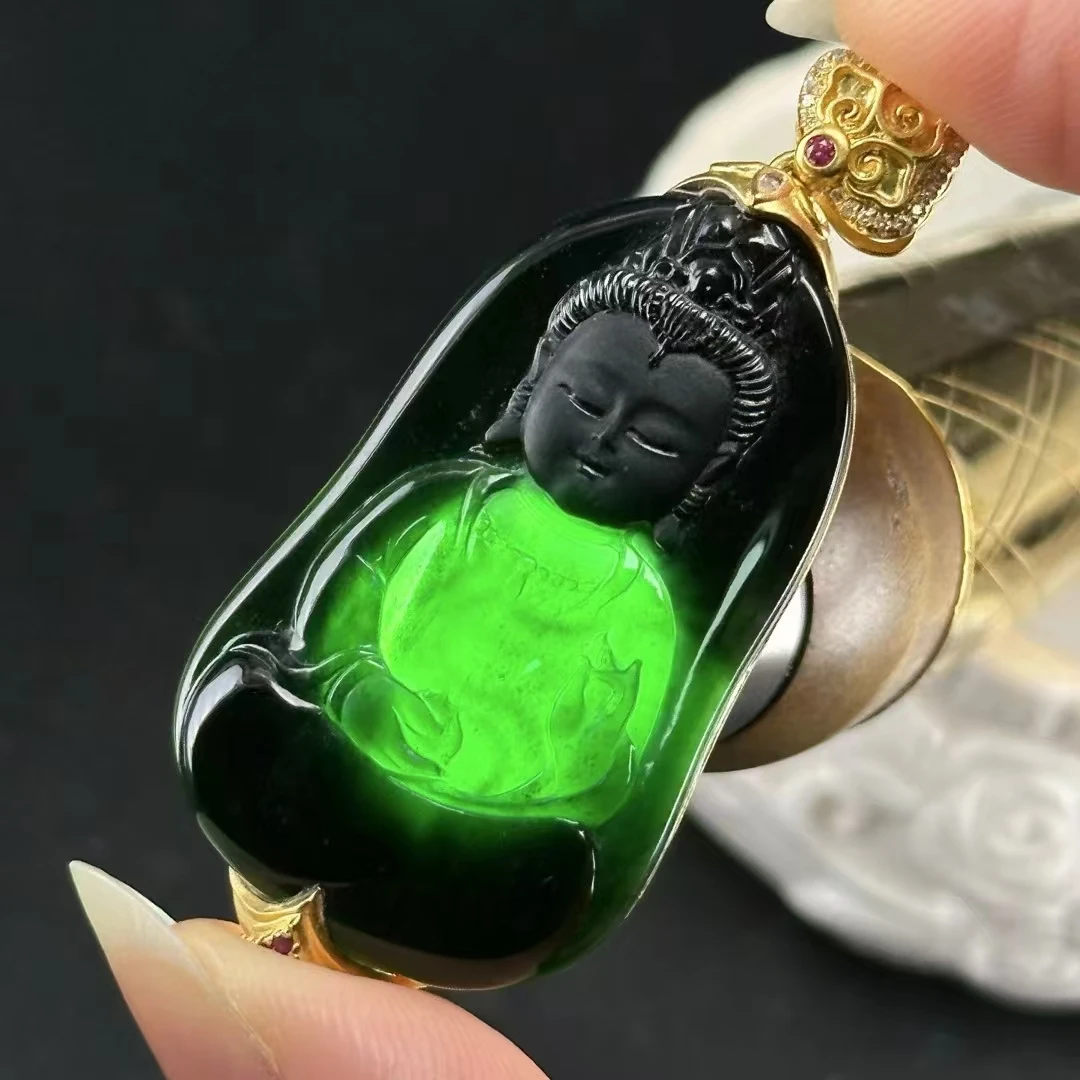 天然缅甸A货翡翠墨翠18K金镶嵌宝宝佛优选精品黑油亮高冰冰透精美