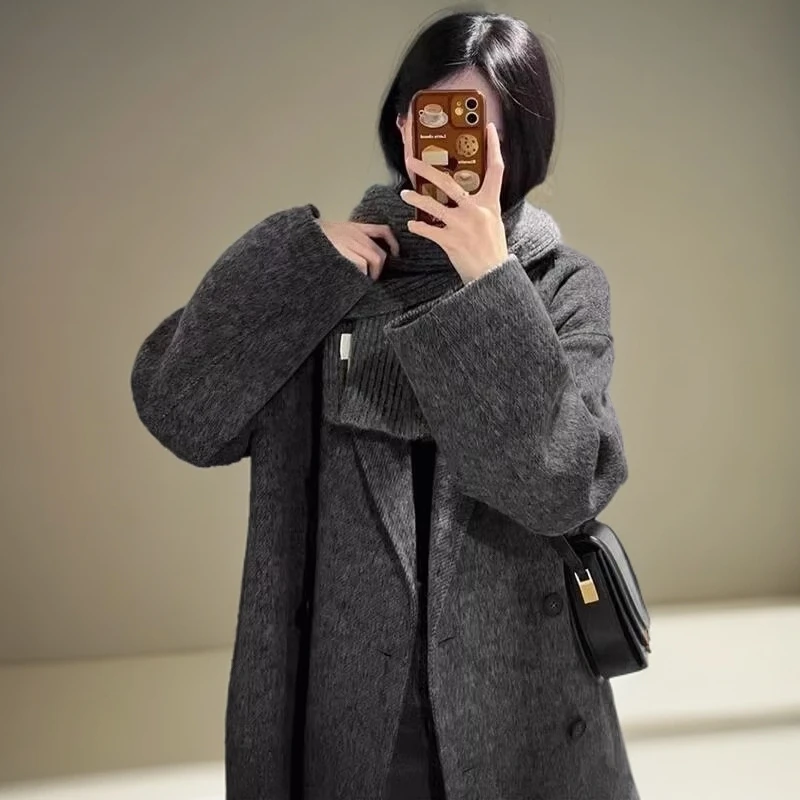 黑灰色高级感双面呢子大衣女中长款2025秋冬新款小个子厚毛呢外套