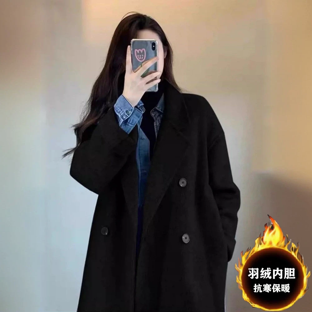 黑色毛呢大衣女中长款2024秋冬新款爆款小个子高端厚双面呢子外套