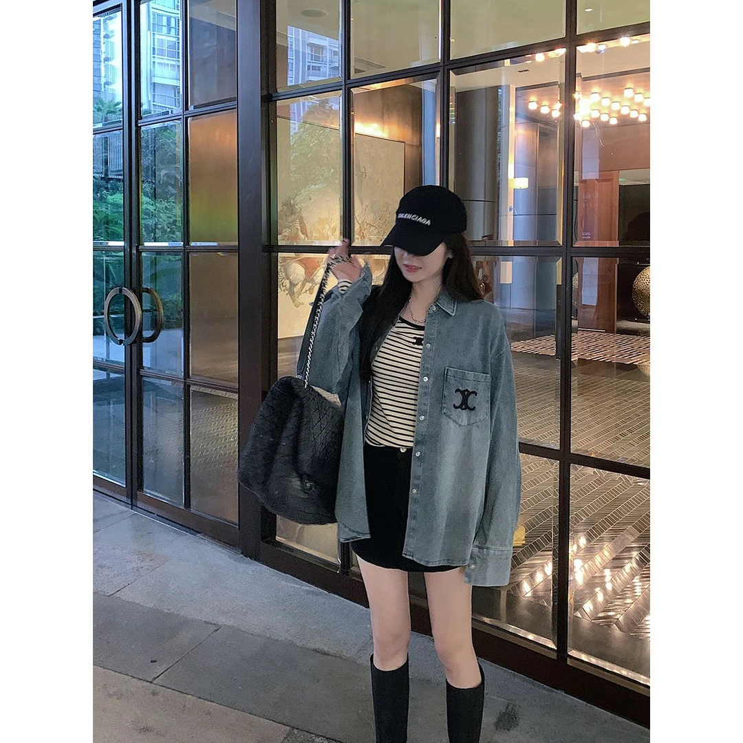 复古刺绣牛仔外套女2025春秋新款宽松韩系通勤慵懒风衬衫外穿上衣