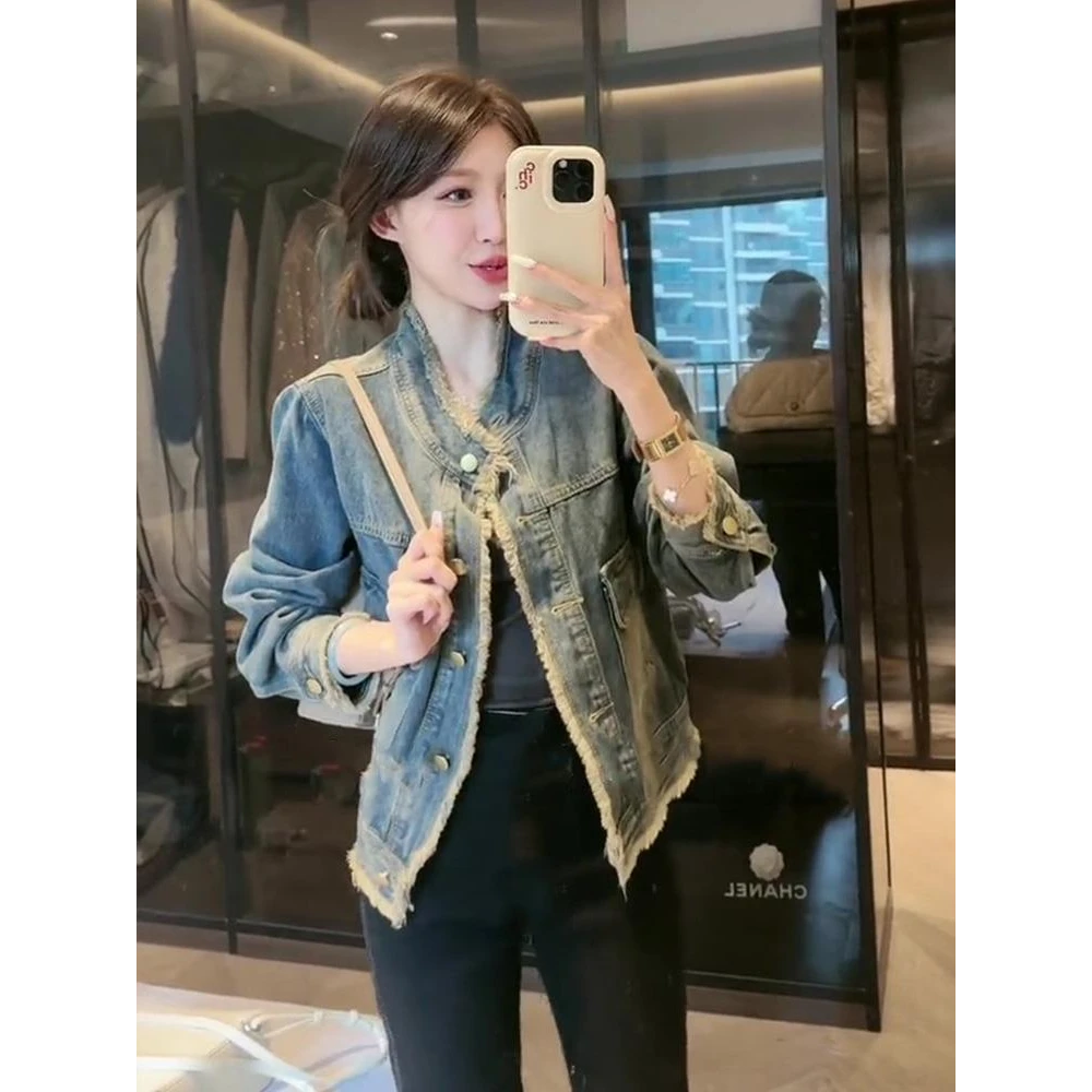 美式复古加绒毛边牛仔外套女秋冬2025新款高级感宽松显瘦夹克上衣