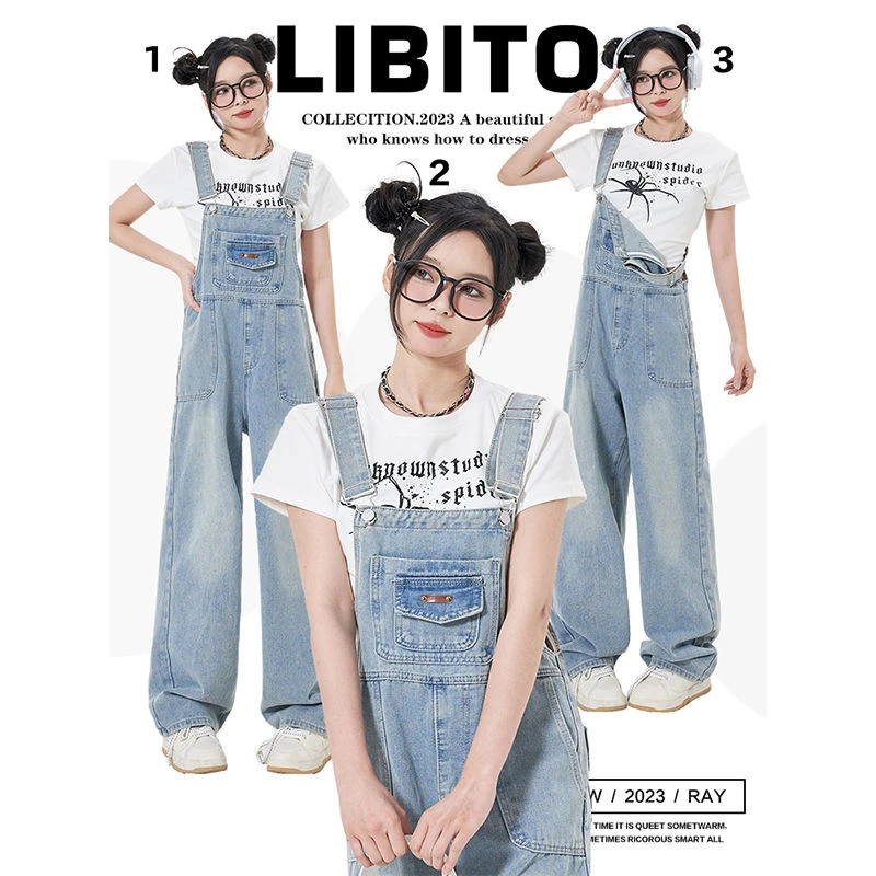 美式复古日系工装蓝色牛仔裤女2025春季新款宽松活泼工装背带裤子