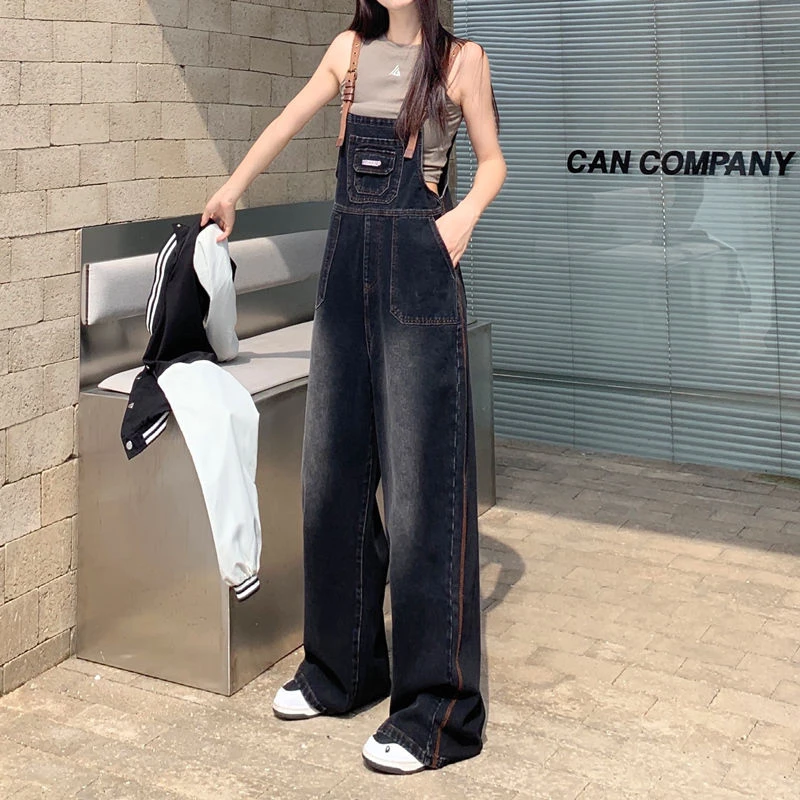 盐系减龄黑灰背带裤女2025新款春季宽松阔腿显瘦百搭休闲牛仔裤