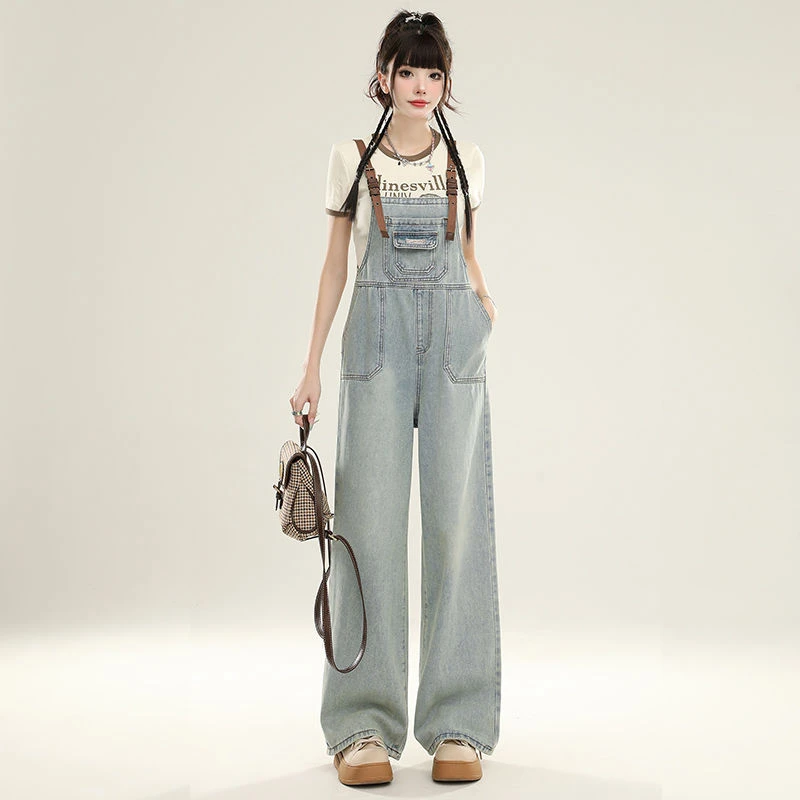 美式宽松背带牛仔裤女秋季新款显瘦辣妹百搭减龄休闲直筒阔腿裤子