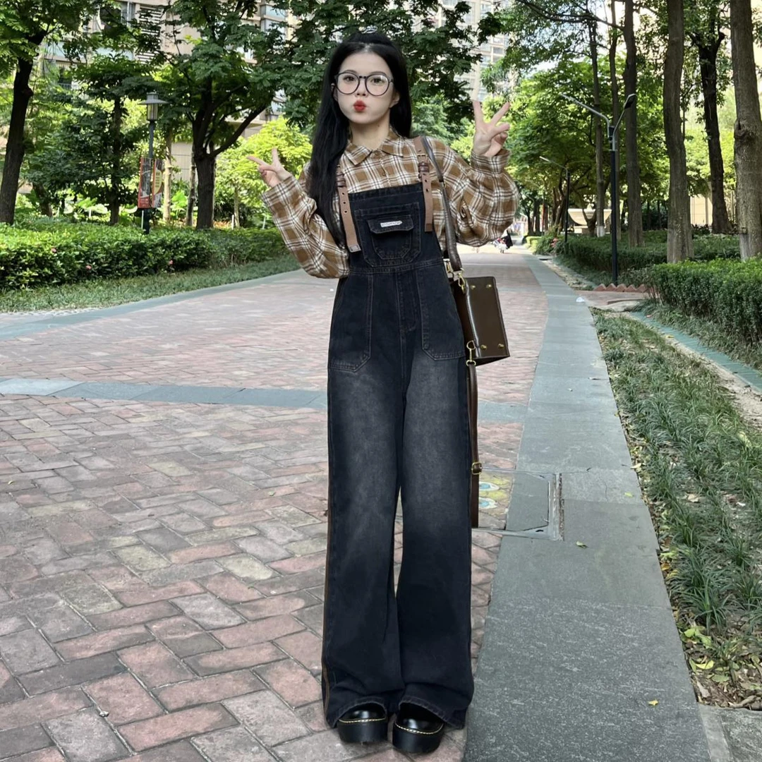 2025新款美式复古背带牛仔裤小个子设计感休闲时尚吊带连体长裤女