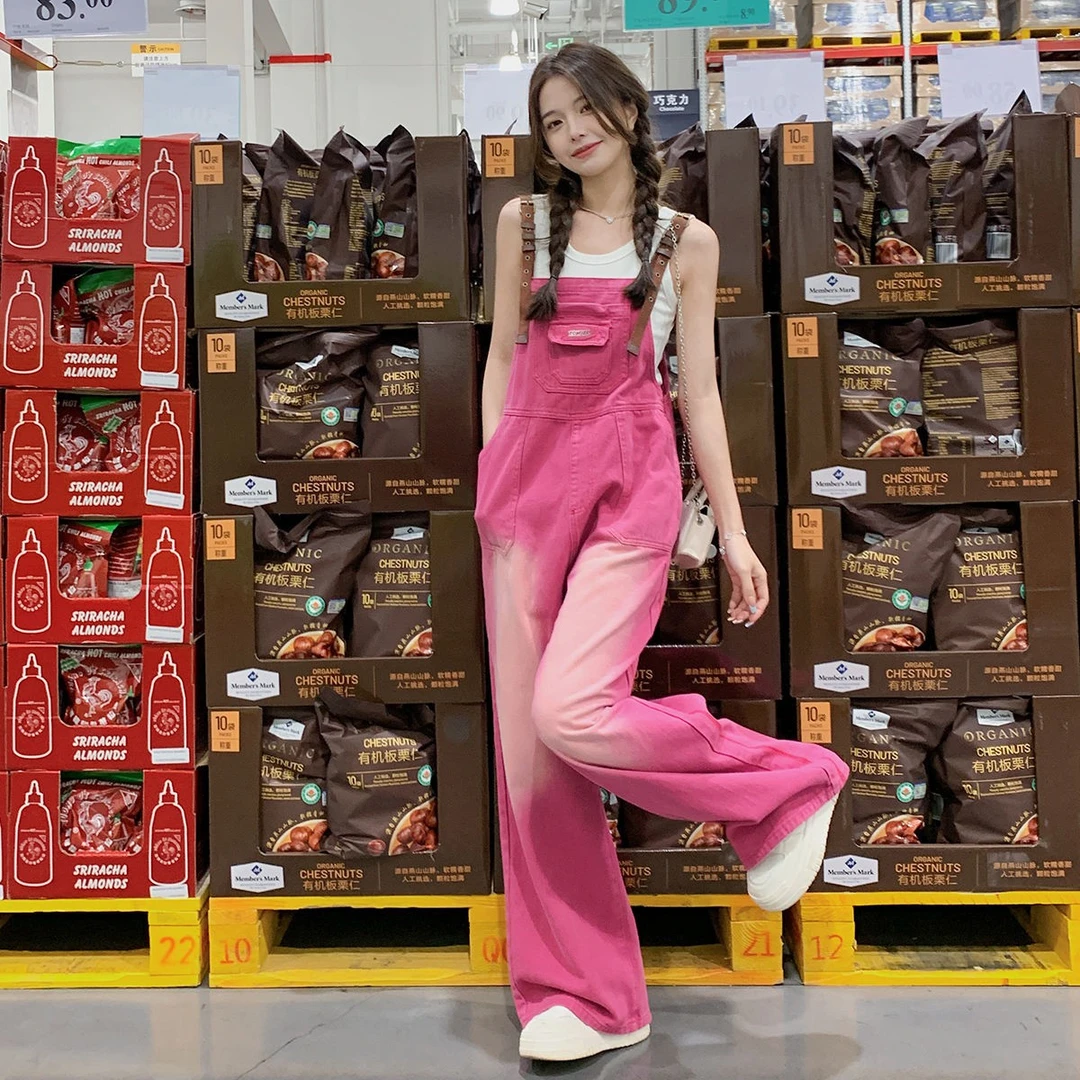 2025秋新款玫粉色牛仔背带裤女宽松显瘦阔腿裤小个子梨形身材长裤