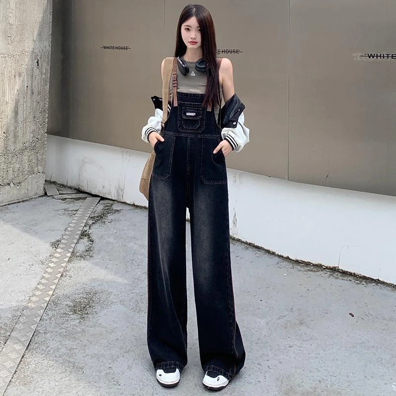 2025春季松墨黑牛仔背带裤女新款宽松显瘦慵懒风阔腿时尚连体裤子
