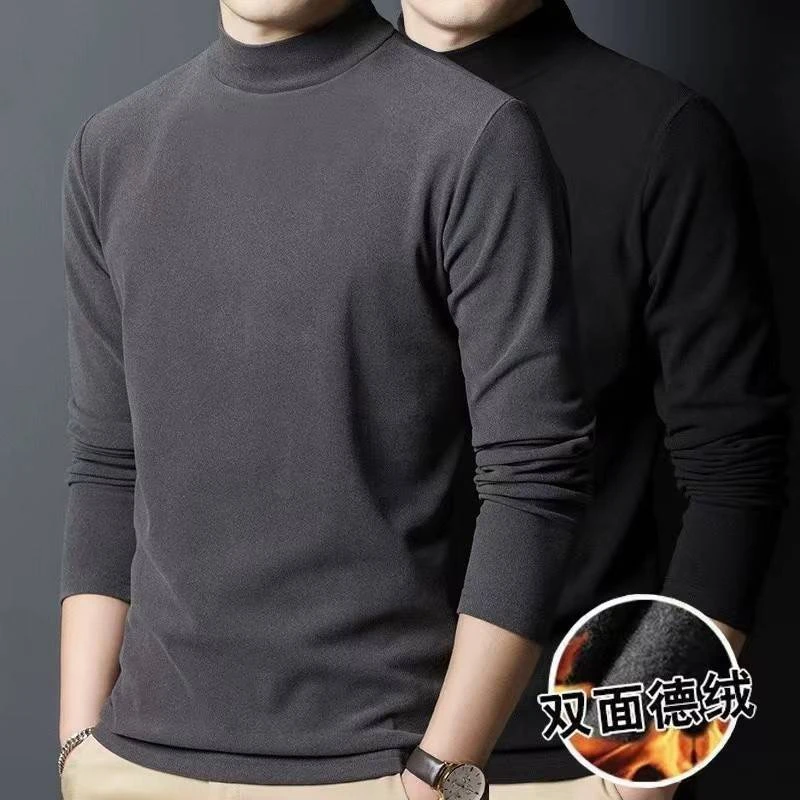 2024新款半高领男士打底衫双面绒德绒秋冬季加绒加厚保暖中领