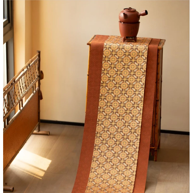 八宝团窠纹茶席套组复古中式茶桌台布垫子双面禅意布艺桌旗喝茶