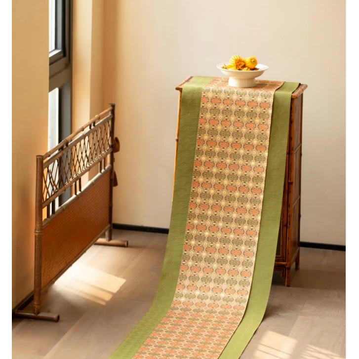 金编如意莲纹茶席套组复古中式茶桌台布垫子双面禅意布艺桌旗喝茶