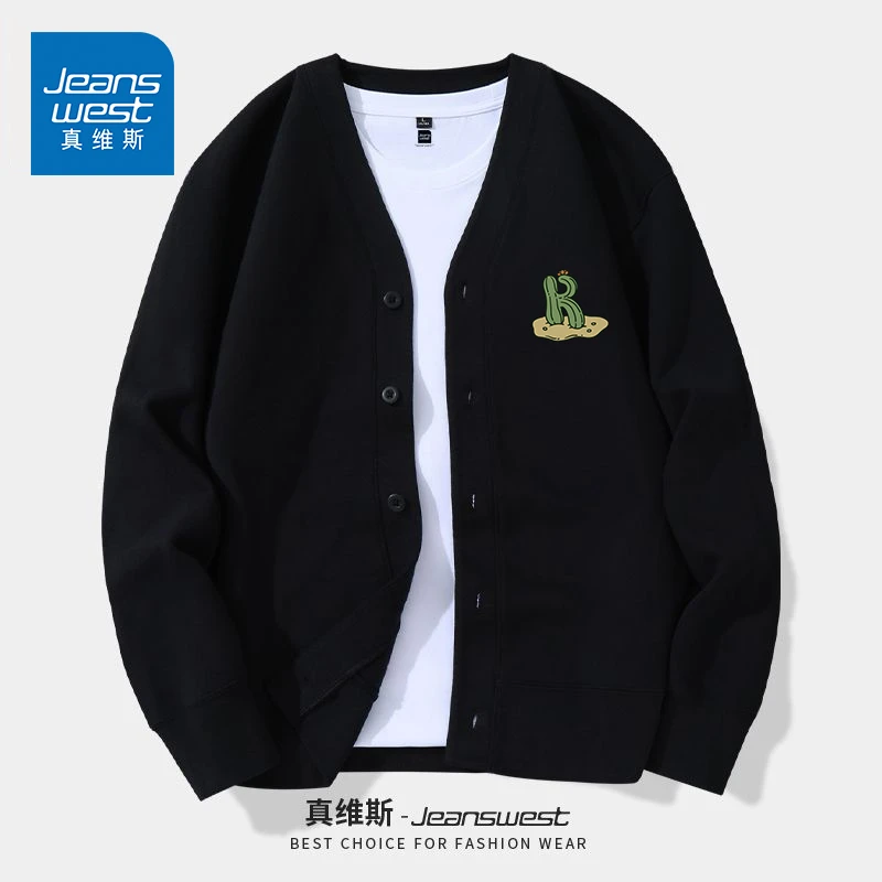 真维斯秋冬针织开衫夹克男士2024秋季新款时尚复古美式黑色长袖衫