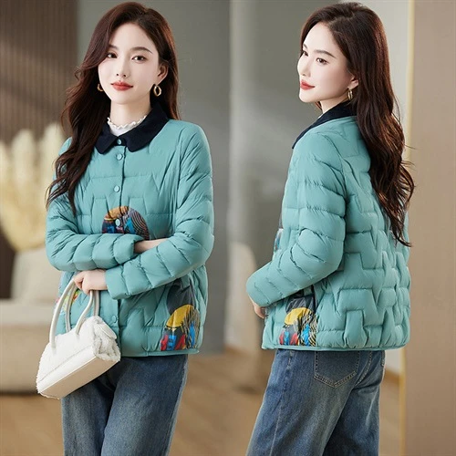 短款轻薄羽绒服女2023冬季方领时尚气质小个子白鸭绒印花保暖外套