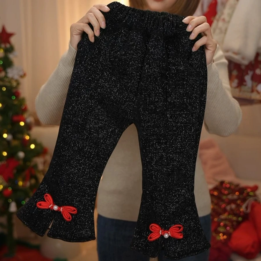 现货AC380女童冬季蝴蝶结珍珠加绒裤子