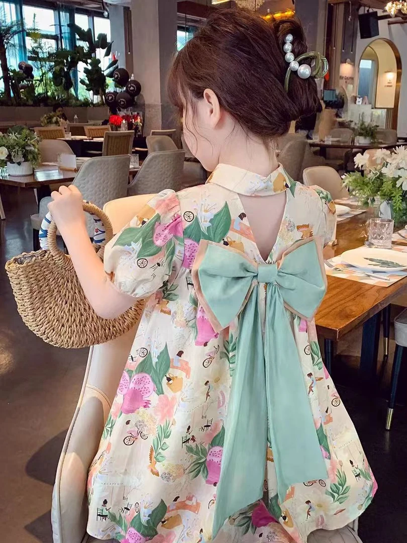 现货X792女童夏季蝴蝶结连衣裙