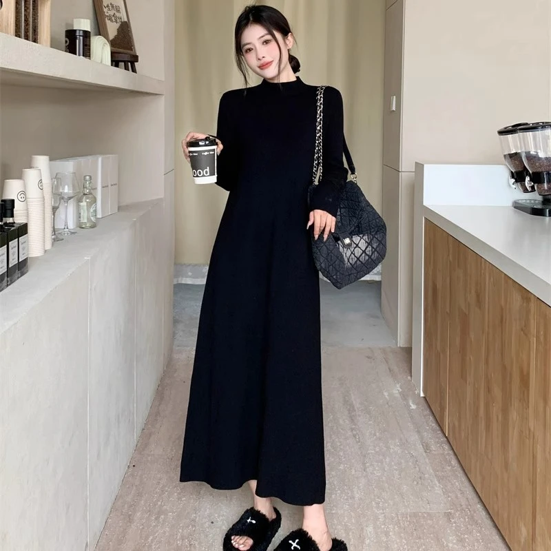 大码女秋冬配大衣针织打底裙子胖mm显瘦遮肚半高领内搭毛衣连衣裙