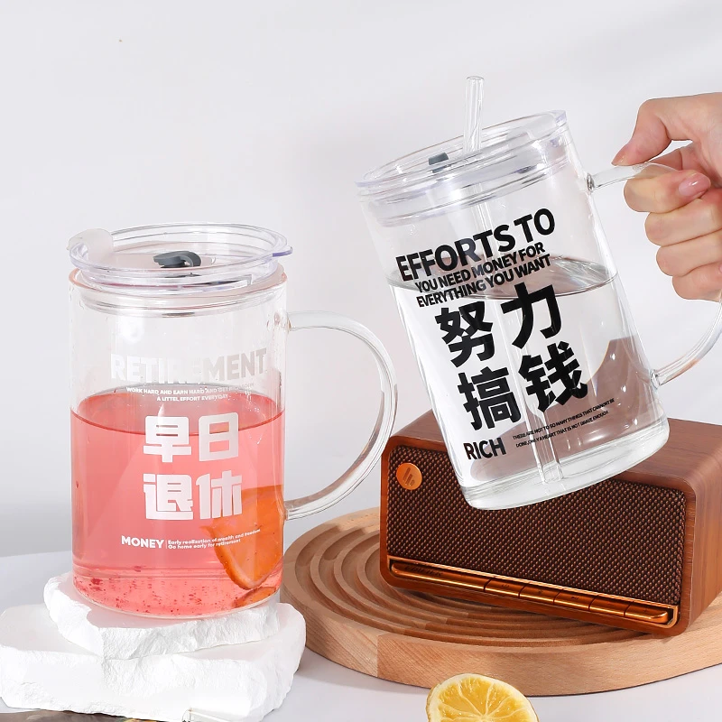 1000ml高硼硅便携懒人把手杯简约大容量吸管杯学生办公室玻璃水杯