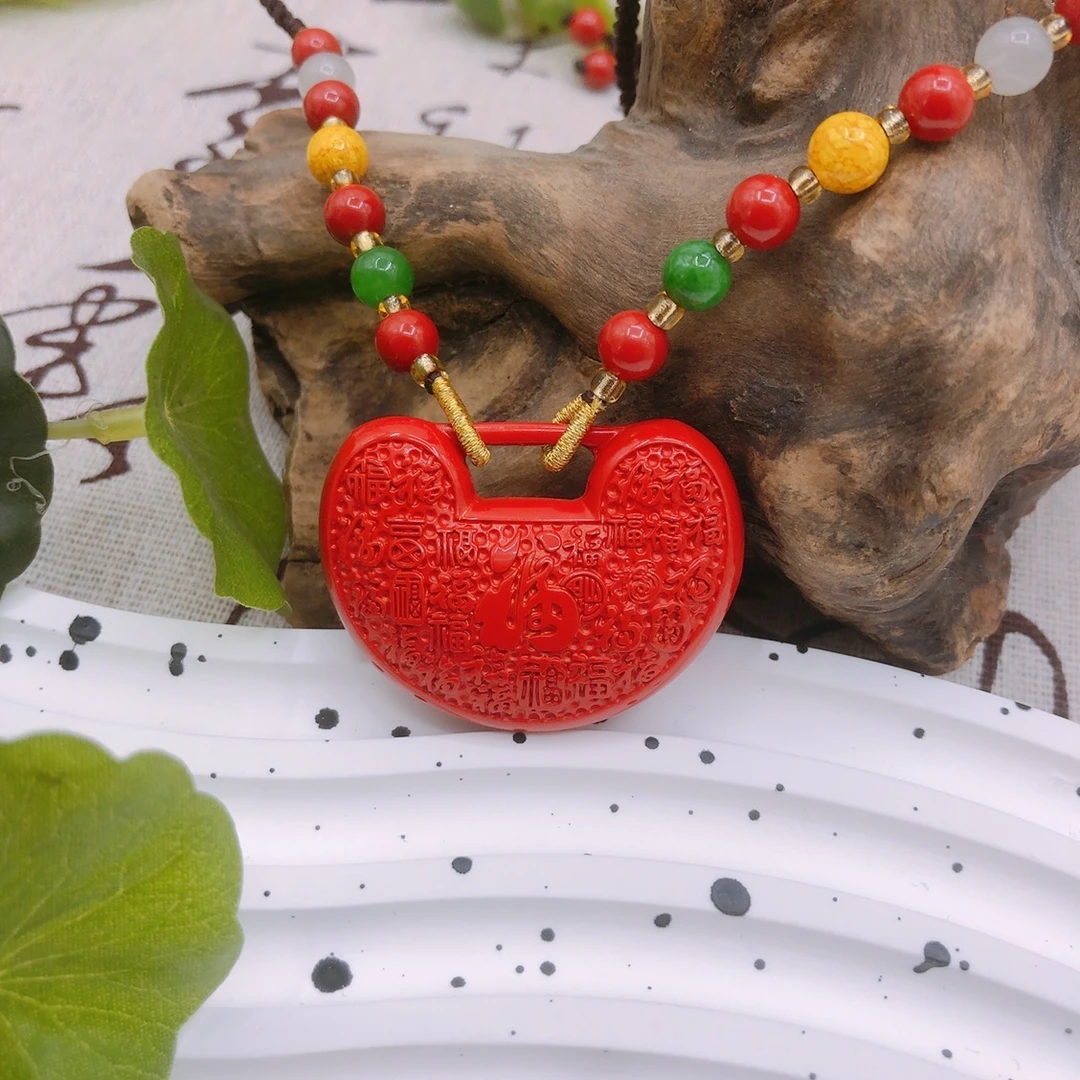 含辰砂工艺品天然朱砂紫金砂福气锁吊坠挂件高含量