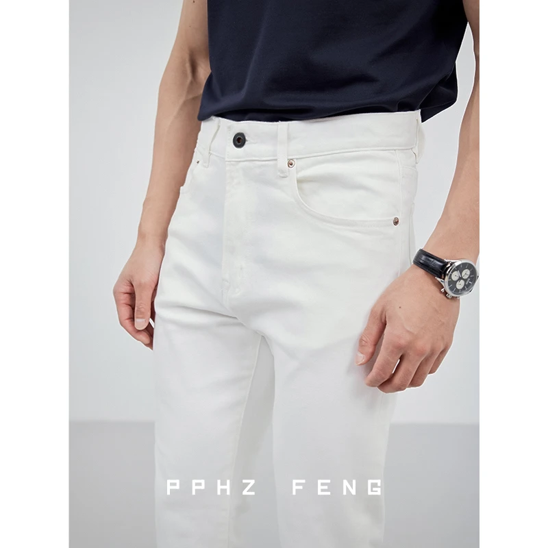 帅气小白 窄幅赤耳丹宁布 纯棉清新百搭直筒四季休闲白色牛仔裤男