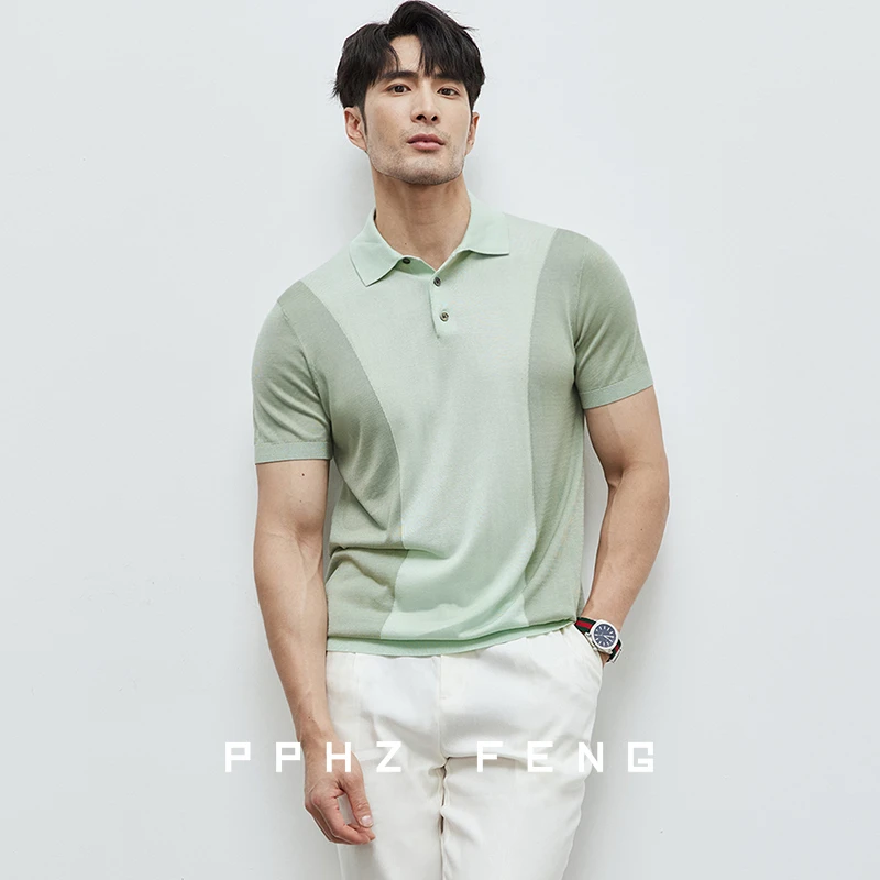高颜值の拼色 时尚清新桑蚕丝冰丝24夏季翻领T恤针织短袖POLO衫男