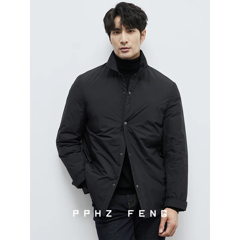 轻便保暖~帅气白鹅绒 简约休闲翻领秋冬衬衫羽绒外套男轻薄防风