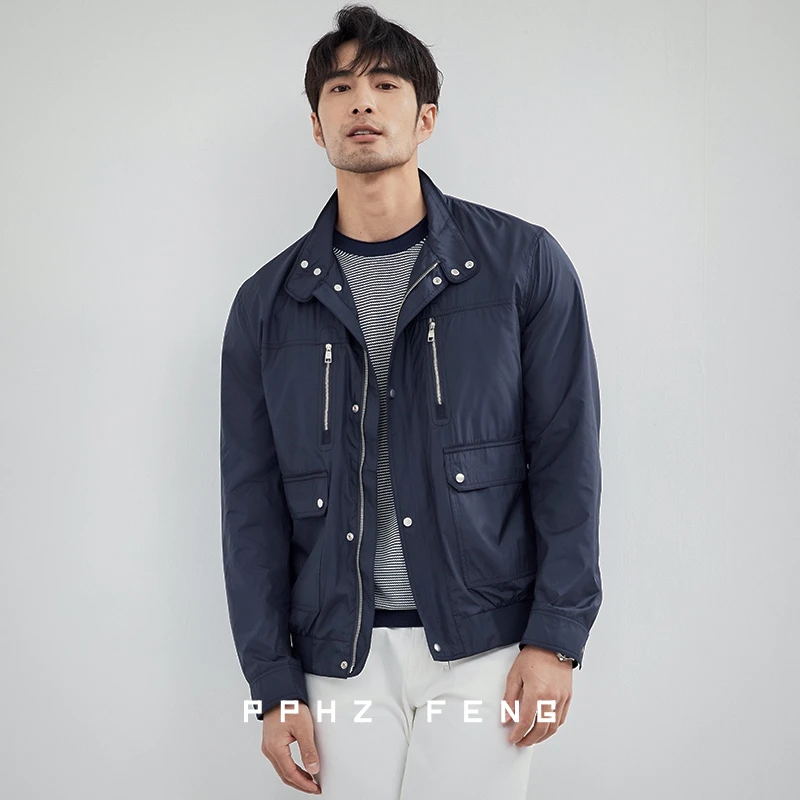 高端面料~50D轻柔春季薄款 工装拉链立领休闲冲锋夹克风衣外套男
