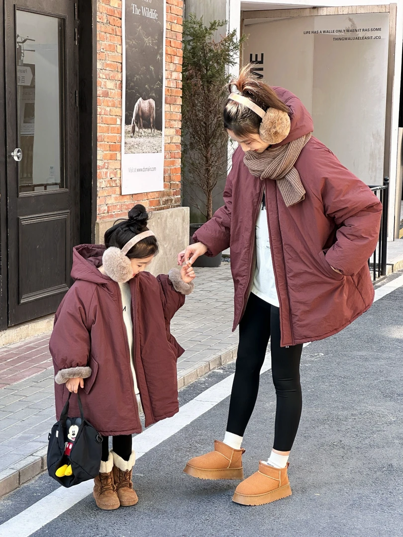 2024男女冬季新款加绒派克服亲子装加厚连帽中长款棉服韩版外套