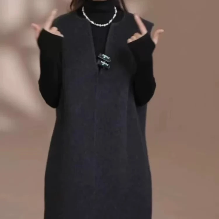 极简秋冬V领羊毛气质新款背心裙时髦显瘦毛呢羊毛韩版连衣裙