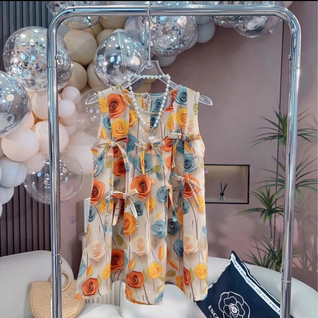 【现货】2024夏季新款圆领短袖背带假俩件花色洋气连衣裙